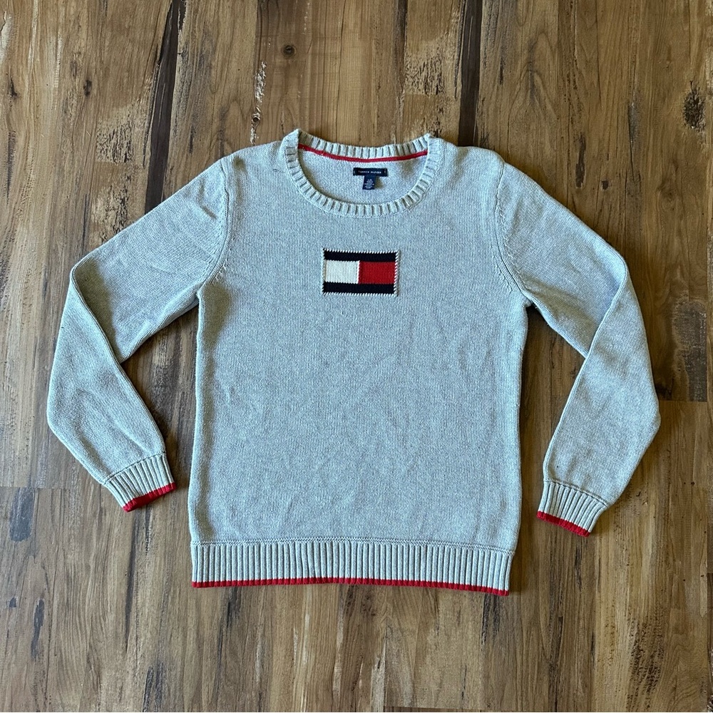 VTG Y2K Tommy Hilfiger Gray Chunky Knit Jumper Crewneck Sweater